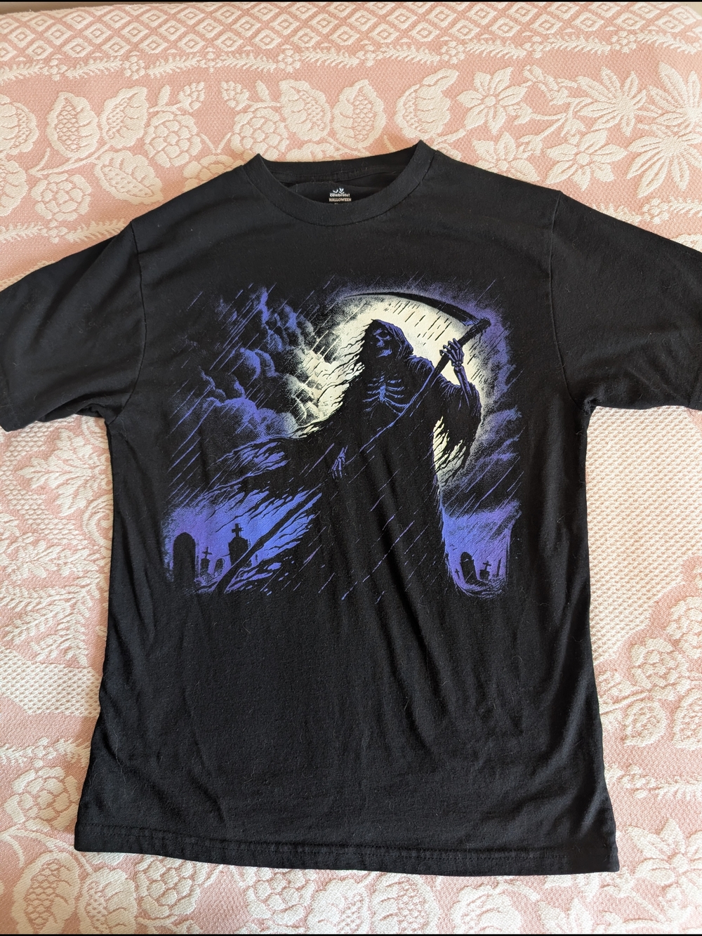 Black Graphic Tee with Grim Reaper Print